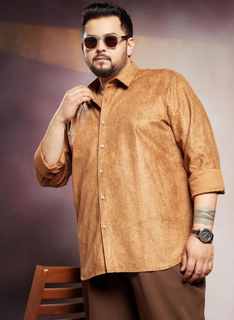 Instafab Plus Instafab Plus Men's Copper Brown Crevice-Tactile Shirt For Casual Wear | Spread Collar | Long Cuffed Sleeves | Button Closure | Plus Size Shirt Crafted With Comfort Fit For Everyday Wear