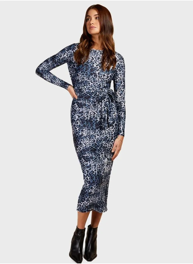 Little Mistress Belt Detail Printed Dress