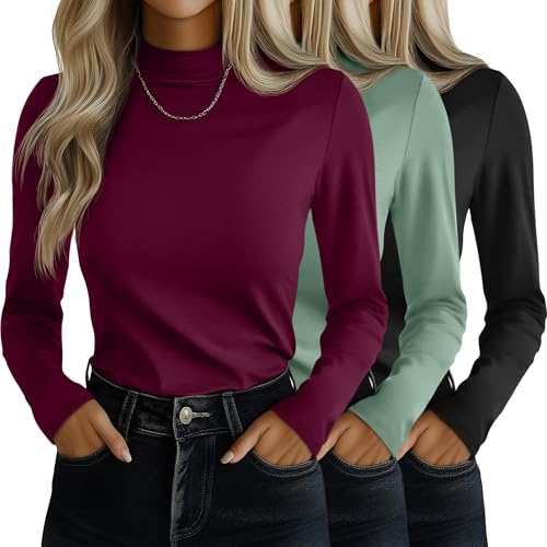 Ficerd 3 Pack Womens Mock Turtleneck Shirts Long Sleeve Mock Neck Pullover Tops Slim Fitted Stretch Undershirt Tee BlouseBlack Green Burgundy RedLarge - Image 1