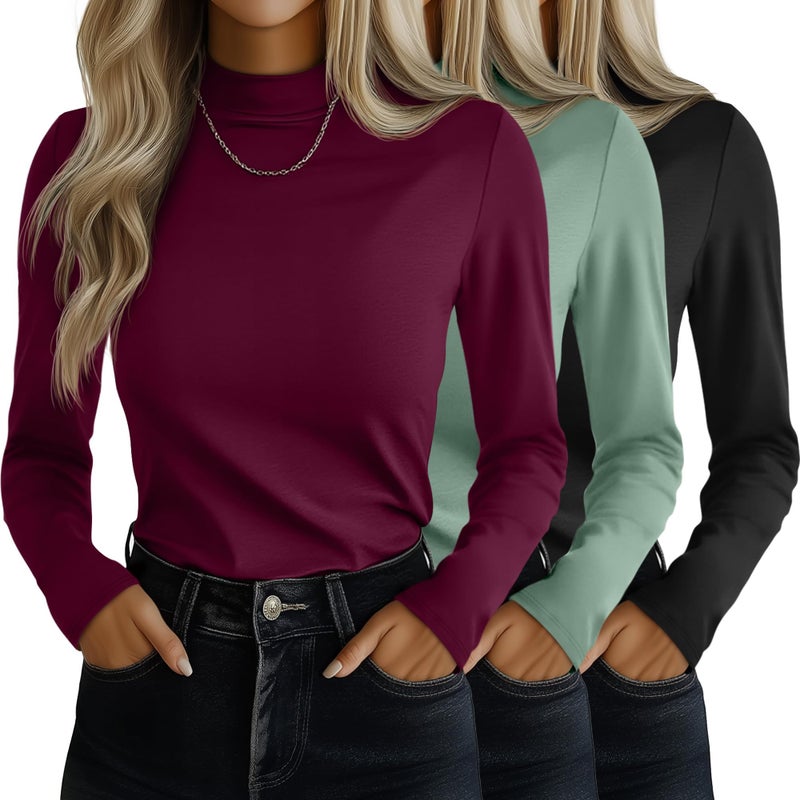 Ficerd 3 Pack Womens Mock Turtleneck Shirts Long Sleeve Mock Neck Pullover Tops Slim Fitted Stretch Undershirt Tee BlouseBlack Green Burgundy RedLarge - Image 2