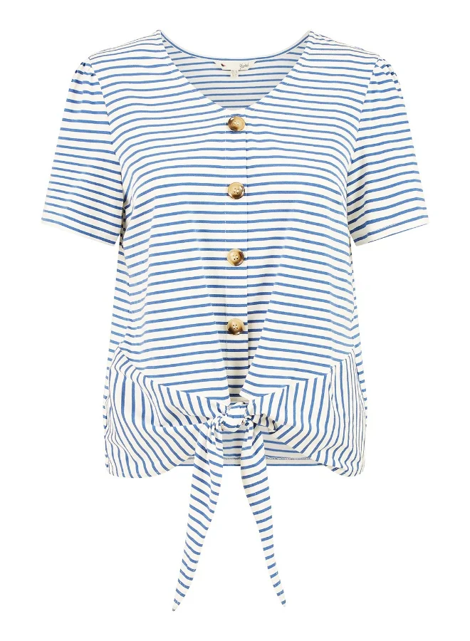 Yumi Blue Striped Jersey Button Detail Top