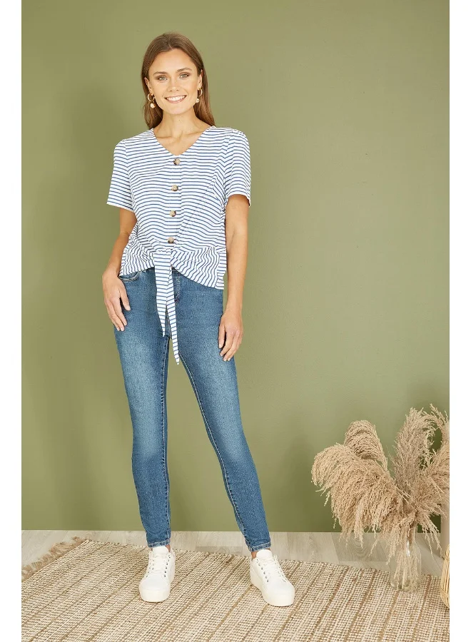 Yumi Blue Striped Jersey Button Detail Top