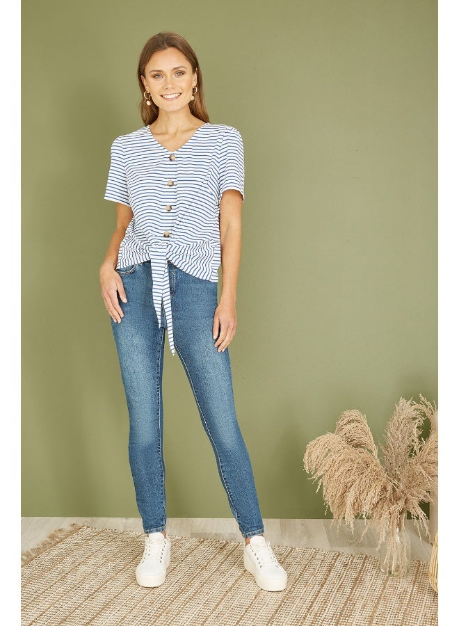 Yumi Blue Striped Jersey Button Detail Top - Image 3