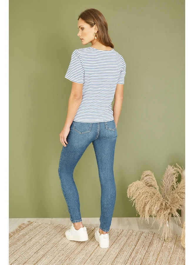 Yumi Blue Striped Jersey Button Detail Top