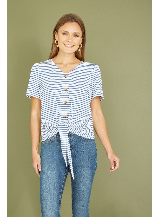 Yumi Blue Striped Jersey Button Detail Top - Image 1