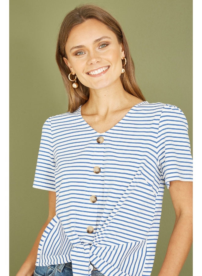 Yumi Blue Striped Jersey Button Detail Top - Image 2