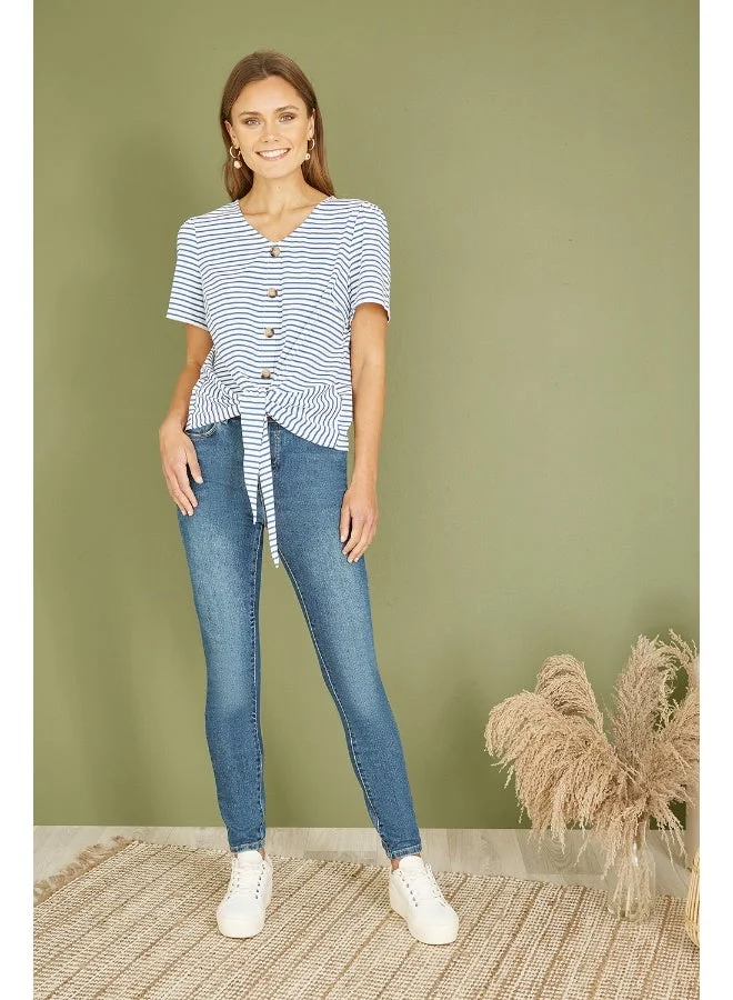 Yumi Blue Blue Striped Jersey Button Detail Top for Women | Best Price UAE