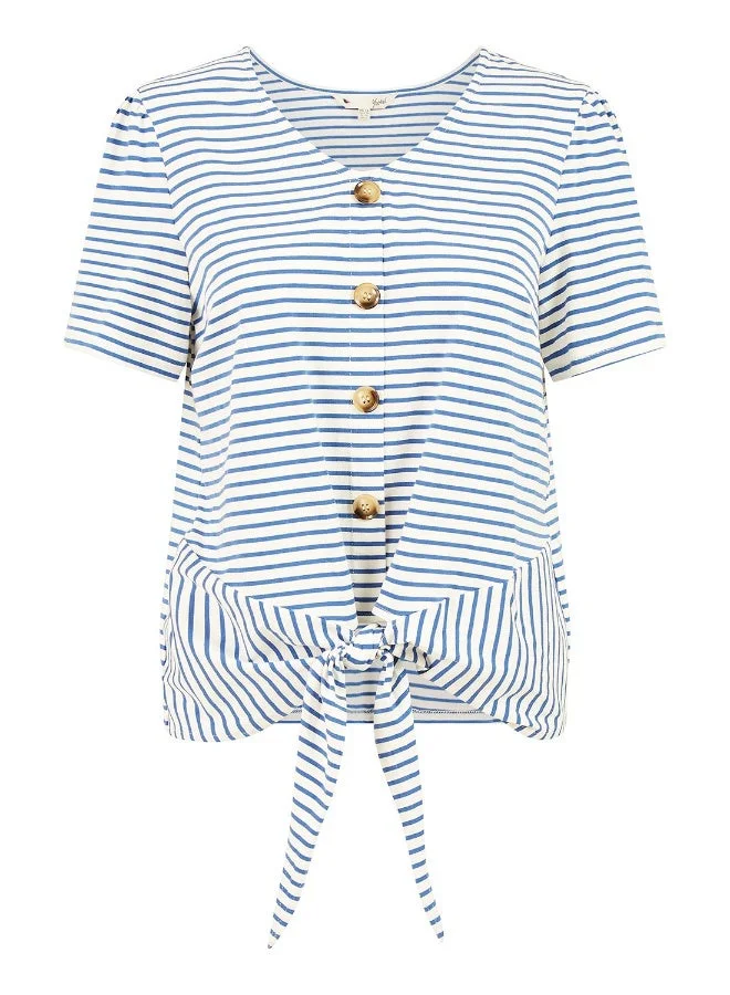 Yumi Blue Blue Striped Jersey Button Detail Top for Women | Best Price UAE