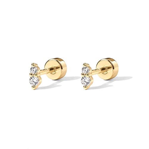 PAVOI 14K Yellow Gold Plated Solid 925 Sterling Silver Post Cubic Zirconia Flat Back Earrings for Women | Deux CZ Cartilage Earring | Helix Piercing Jewelry | Small Stud Earrings - Image 3