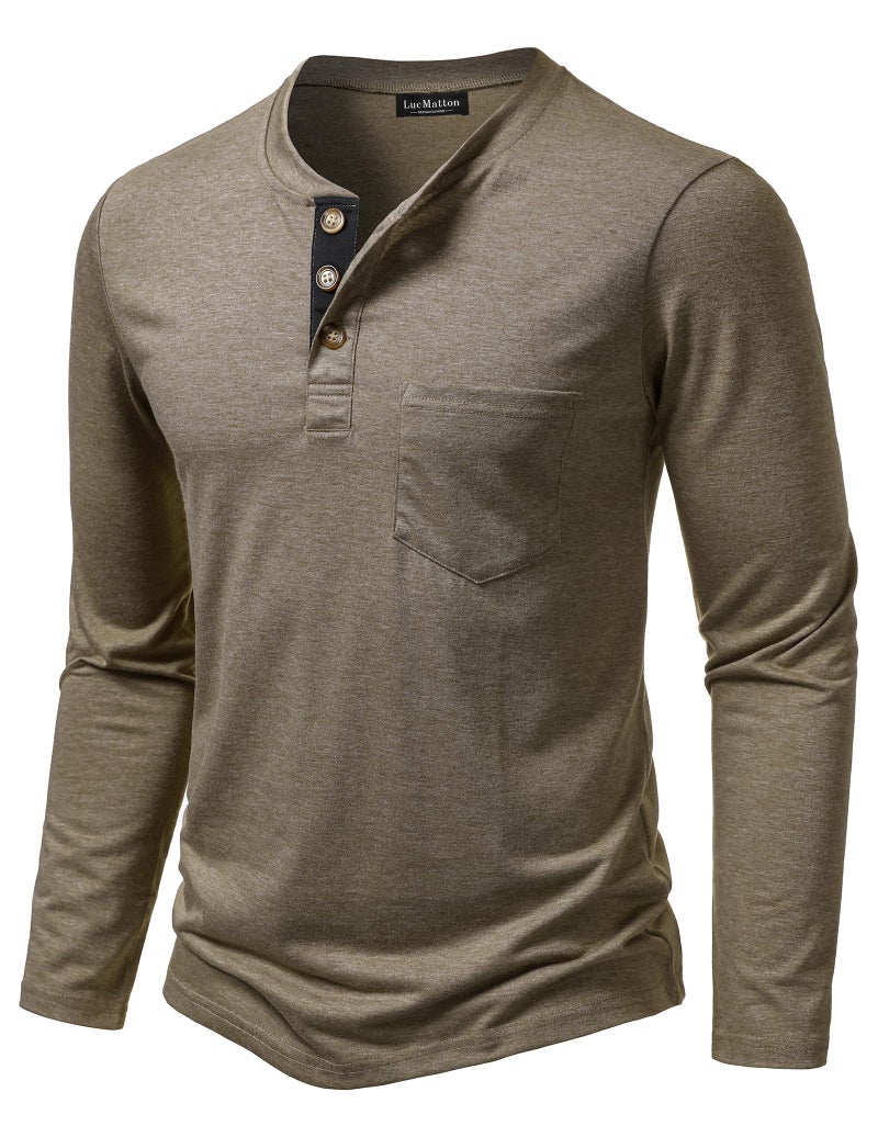 LucMatton Men's Lightweight Henley Shirt Casual Stretch Slim-Fit Long-Sleeve T-Shirt with Pocket Khaki Large - Image 2