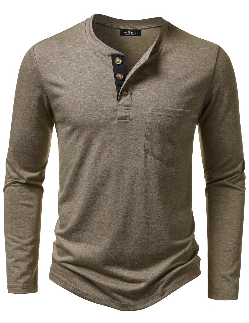 LucMatton Men's Lightweight Henley Shirt Casual Stretch Slim-Fit Long-Sleeve T-Shirt with Pocket Khaki Large - Image 1
