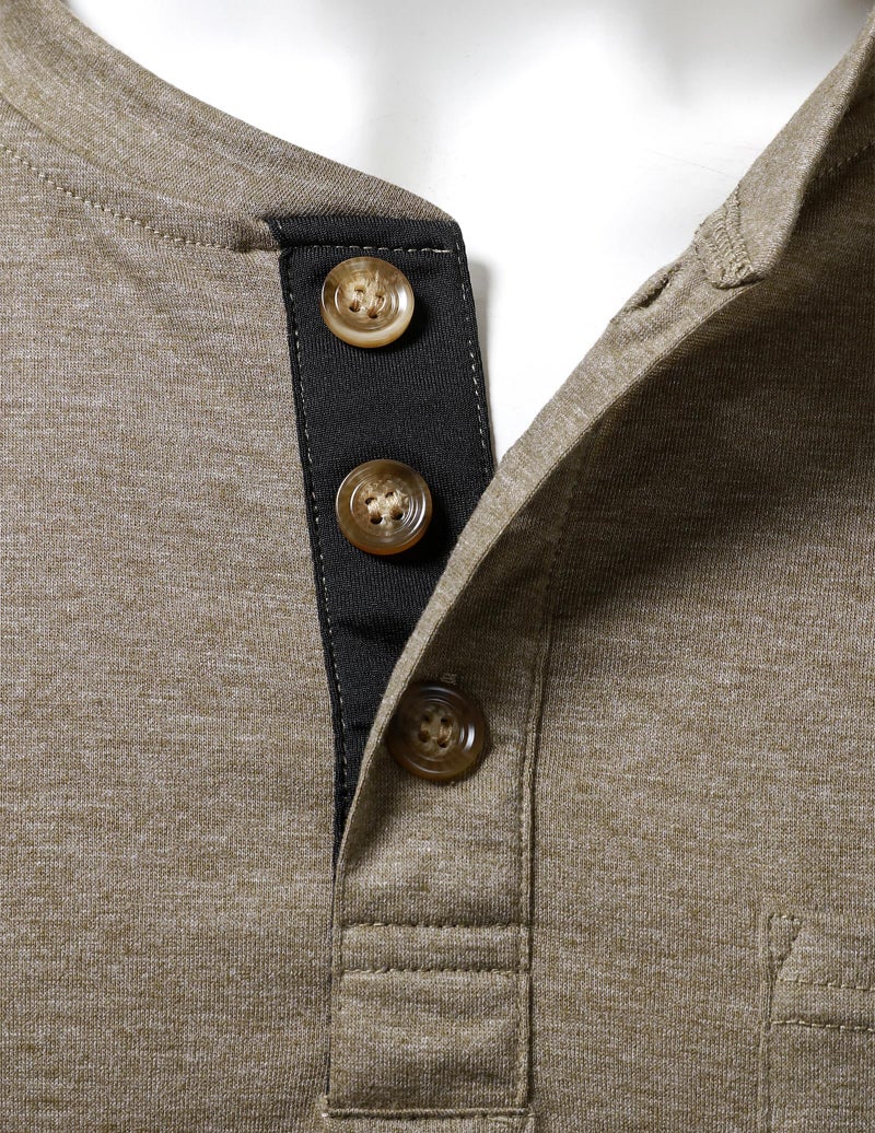 LucMatton Men's Lightweight Henley Shirt Casual Stretch Slim-Fit Long-Sleeve T-Shirt with Pocket Khaki Large - Image 4