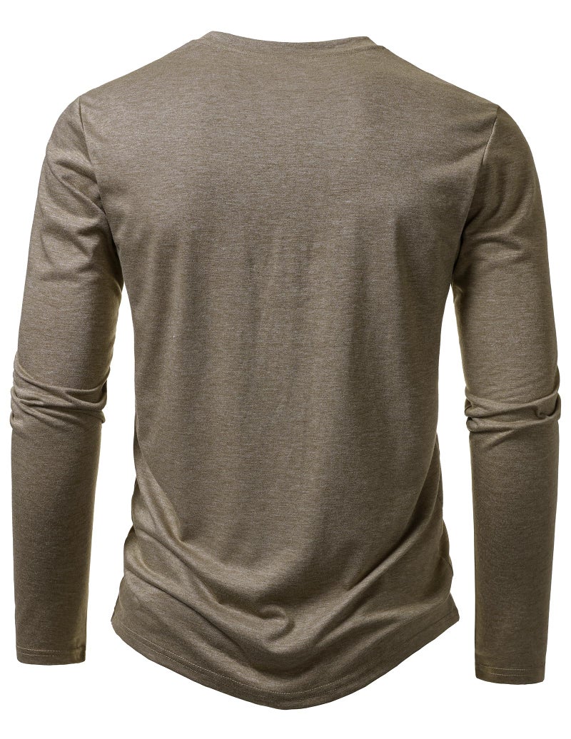 LucMatton Men's Lightweight Henley Shirt Casual Stretch Slim-Fit Long-Sleeve T-Shirt with Pocket Khaki Large - Image 3