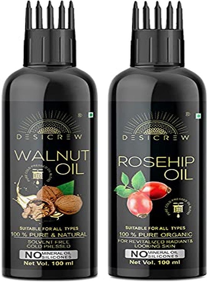Desicrew Pure Walnut & Rosehip Cold Pressed oil with Applicator For Skin, Body & Hair Care in combo pack of 2 (100ml + 100Ml) - Image 1