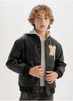 DeFacto Water-Repellent Detachable Hood Snap-Up Double Pocket Bomber Faux Leather Lightweight Jacket  - Image 1