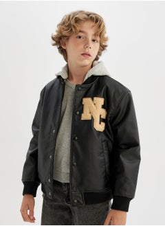DeFacto Water-Repellent Detachable Hood Snap-Up Double Pocket Bomber Faux Leather Lightweight Jacket  - Image 3