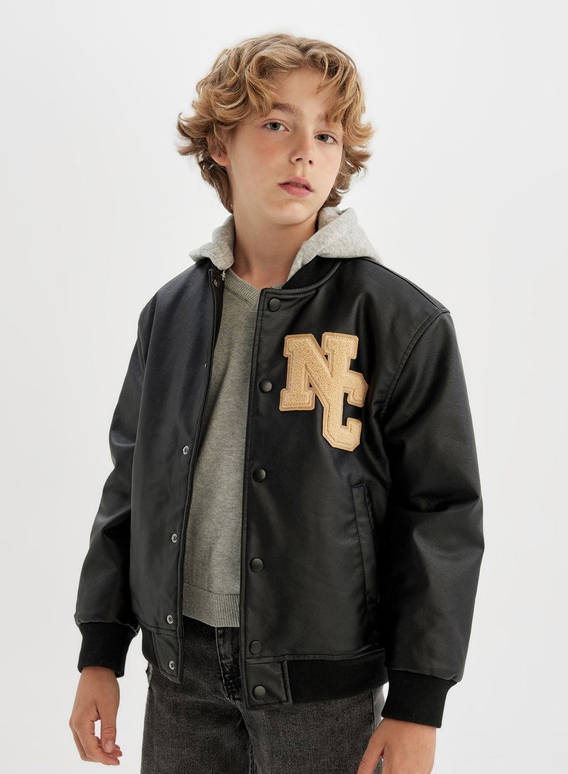 DeFacto Water-Repellent Detachable Hood Snap-Up Double Pocket Bomber Faux Leather Lightweight Jacket  - Image 3