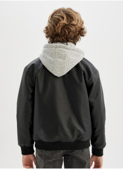 DeFacto Water-Repellent Detachable Hood Snap-Up Double Pocket Bomber Faux Leather Lightweight Jacket  - Image 2