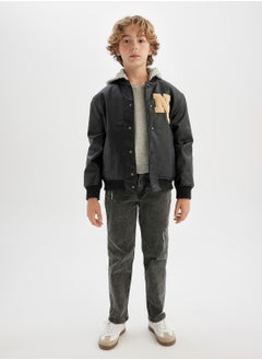DeFacto Water-Repellent Detachable Hood Snap-Up Double Pocket Bomber Faux Leather Lightweight Jacket  - Image 5