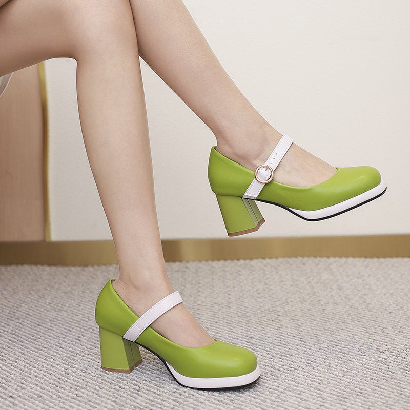 Mary Jane Women'S Single-Layer Shoes Color-Matching Square Heel Thick Heel High Heel Square Heel Mid-Heel Mary Jane Shoes Small Leather Shoes With Buckle - Image 3