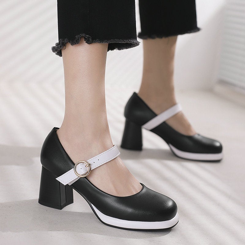 Mary Jane Women'S Single-Layer Shoes Color-Matching Square Heel Thick Heel High Heel Square Heel Mid-Heel Mary Jane Shoes Small Leather Shoes With Buckle - Image 2