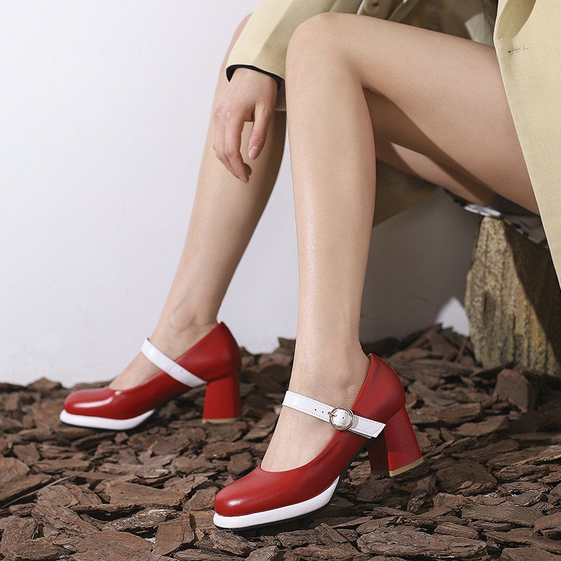 Mary Jane Women'S Single-Layer Shoes Color-Matching Square Heel Thick Heel High Heel Square Heel Mid-Heel Mary Jane Shoes Small Leather Shoes With Buckle - Image 5