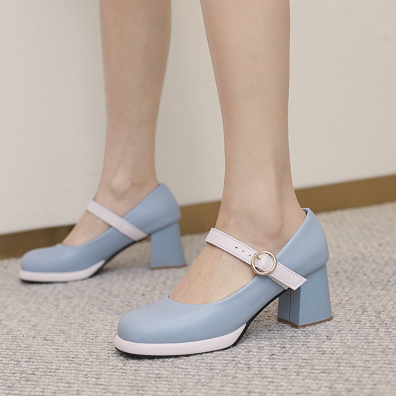 Mary Jane Women'S Single-Layer Shoes Color-Matching Square Heel Thick Heel High Heel Square Heel Mid-Heel Mary Jane Shoes Small Leather Shoes With Buckle - Image 4