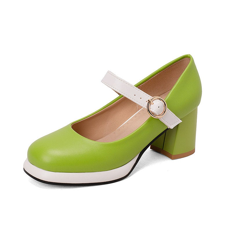 Mary Jane Women'S Single-Layer Shoes Color-Matching Square Heel Thick Heel High Heel Square Heel Mid-Heel Mary Jane Shoes Small Leather Shoes With Buckle - Image 1