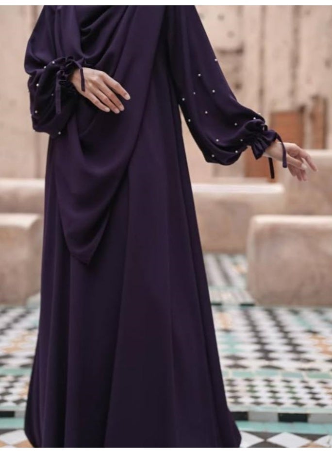 سلسلة اللؤلؤ: الشرق الأوسط اللون الصلب للنساء رداء اللؤلؤ الأكمام فستان Abaya قطعتين مجموعة الحجاب الطويل مناسبة جدا للنساء يوميا ارتداء الصيام شهر الصلاة - Image 1