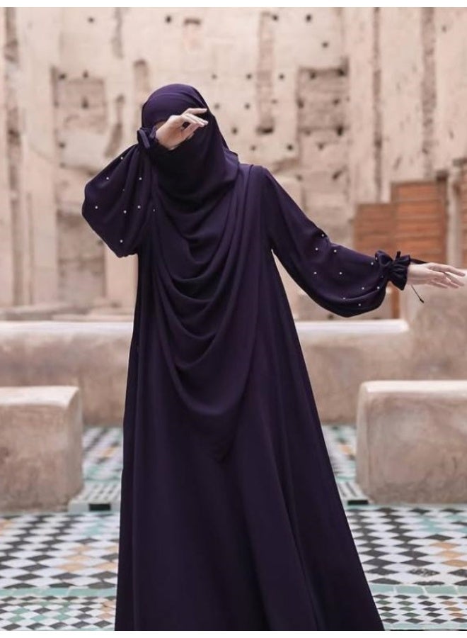 سلسلة اللؤلؤ: الشرق الأوسط اللون الصلب للنساء رداء اللؤلؤ الأكمام فستان Abaya قطعتين مجموعة الحجاب الطويل مناسبة جدا للنساء يوميا ارتداء الصيام شهر الصلاة - Image 5