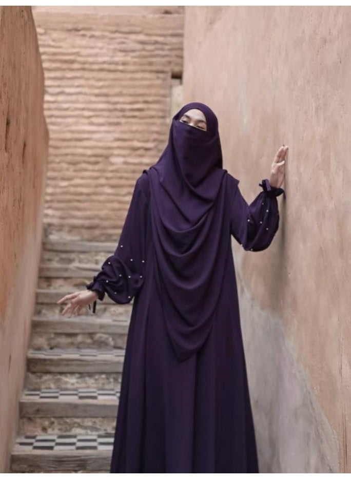 سلسلة اللؤلؤ: الشرق الأوسط اللون الصلب للنساء رداء اللؤلؤ الأكمام فستان Abaya قطعتين مجموعة الحجاب الطويل مناسبة جدا للنساء يوميا ارتداء الصيام شهر الصلاة - Image 2