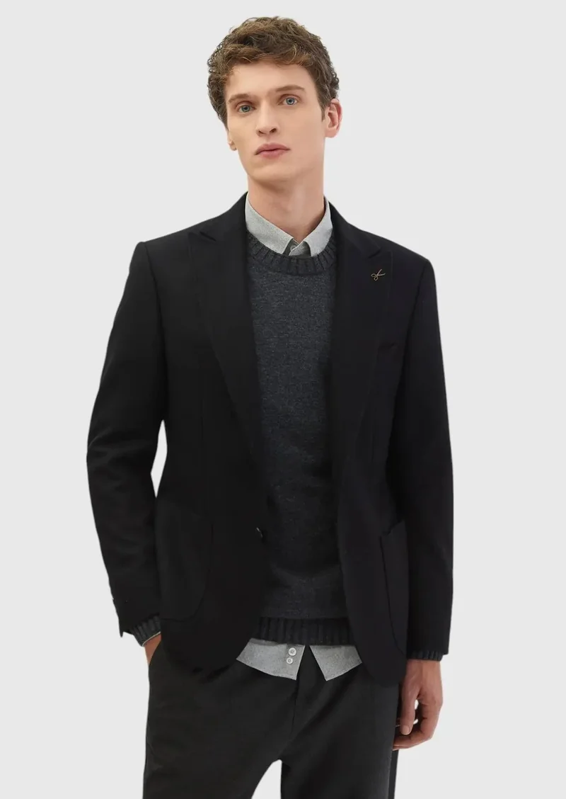 RAMSEY Black Patterned Zeroweight Slim Fit Wool Blended Jacket