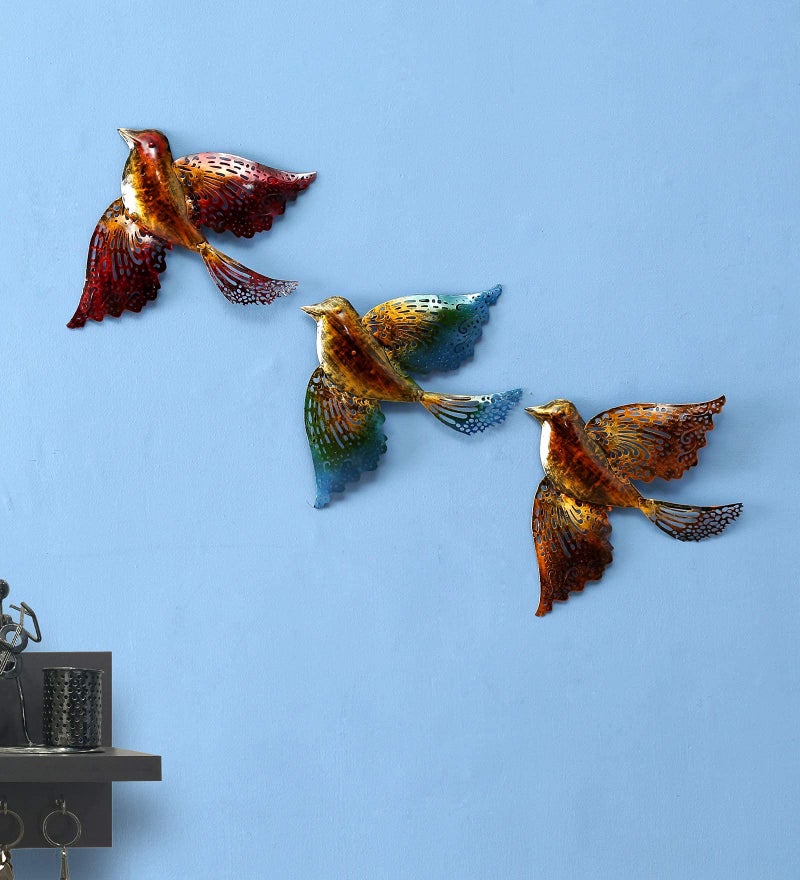 Medieval Arts Birds Decorative Iron Wall Hanging Showpiece Set of 3 (Multicolour, Medium) - Image 1