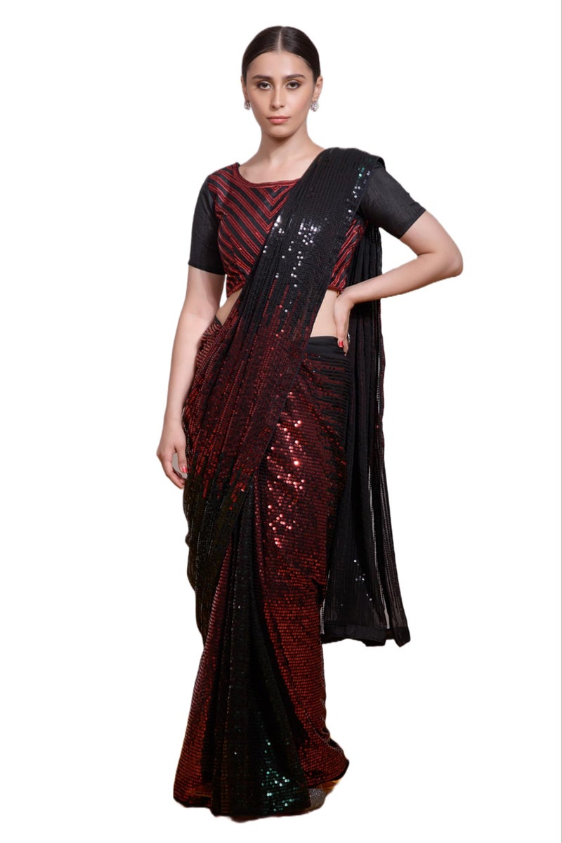 Florely Women's Georgette Heavy Sequins Work Heavy Saree with Blouse(Free Size_Red) - Image 2