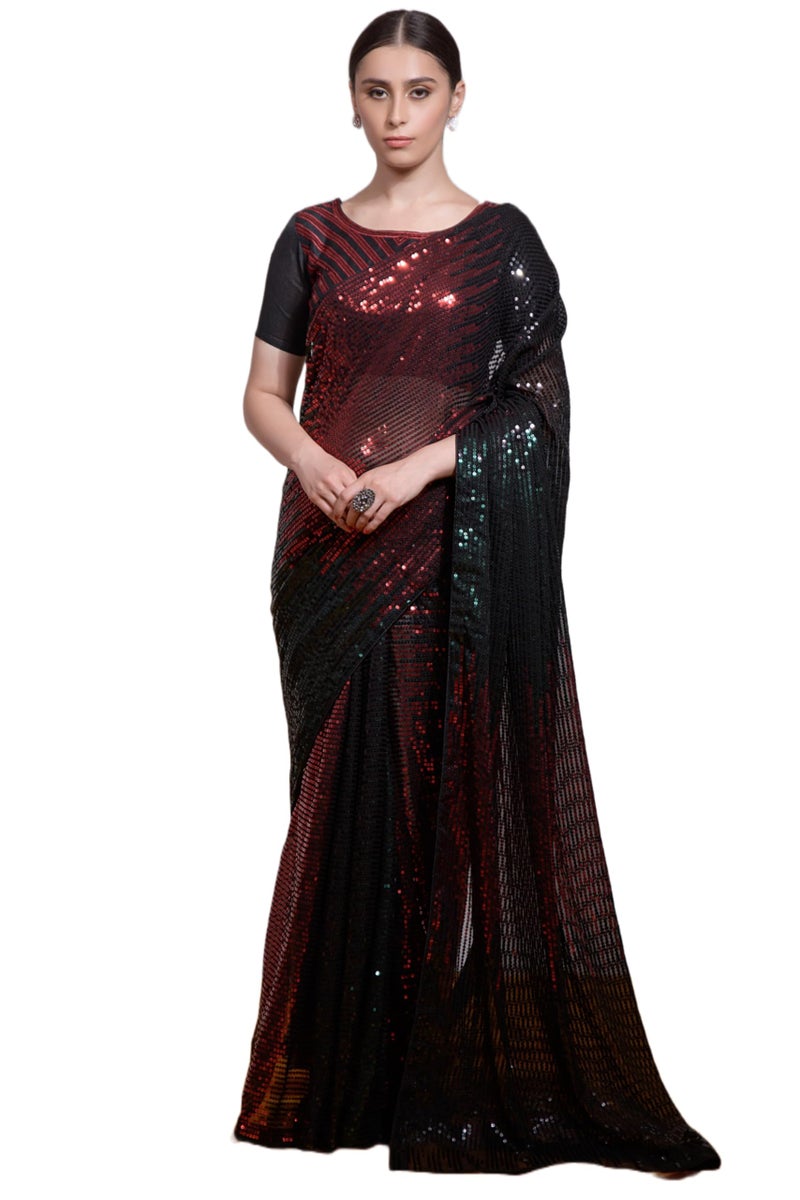 Florely Women's Georgette Heavy Sequins Work Heavy Saree with Blouse(Free Size_Red) - Image 1