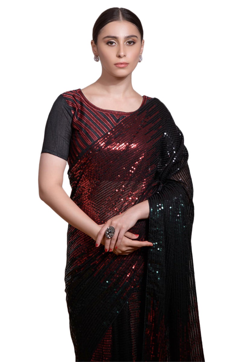 Florely Women's Georgette Heavy Sequins Work Heavy Saree with Blouse(Free Size_Red) - Image 4