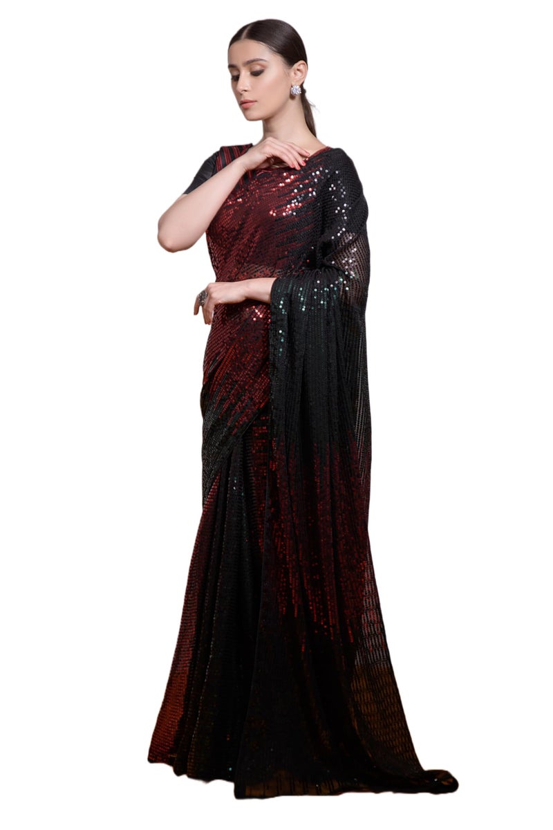 Florely Women's Georgette Heavy Sequins Work Heavy Saree with Blouse(Free Size_Red) - Image 3