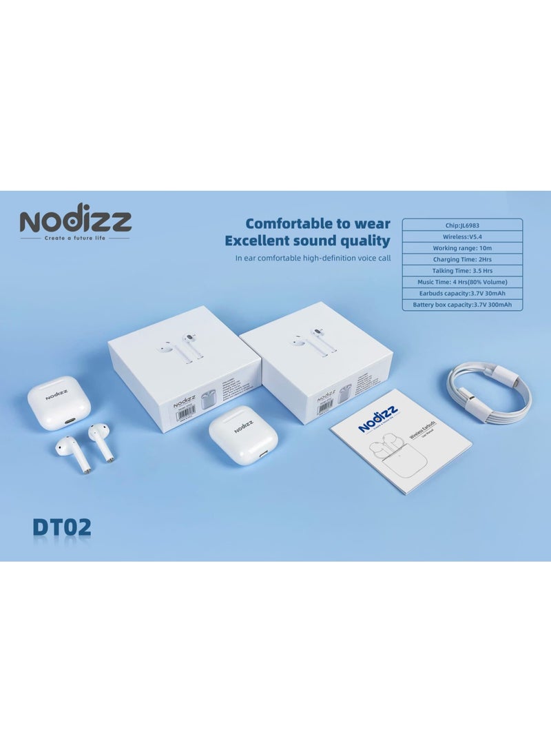 سماعات أذن لاسلكية Nodizz DT02 TWS بتقنية البلوتوث 5.4 مع ميكروفون عالي الدقة، وحافظة شحن 300 مللي أمبير/ساعة، وصوت عالي الدقة وعمر بطارية طويل لأجهزة iOS/Android - أبيض - Image 4