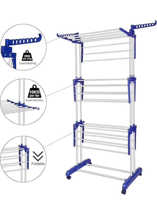 Foldable clothes drying rack, 3-tier clothes drying rack, stainless steel laundry drying rack with wheels at the bottom and 2 hangers at the top - Image 4