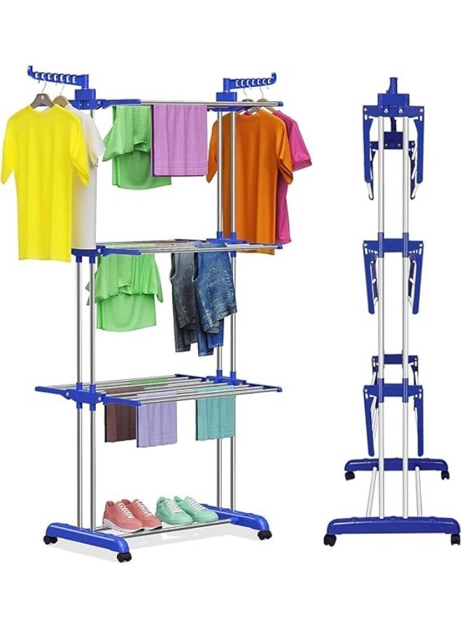 Foldable clothes drying rack, 3-tier clothes drying rack, stainless steel laundry drying rack with wheels at the bottom and 2 hangers at the top - Image 1