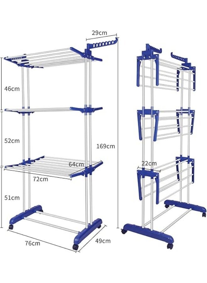 Foldable clothes drying rack, 3-tier clothes drying rack, stainless steel laundry drying rack with wheels at the bottom and 2 hangers at the top - Image 2