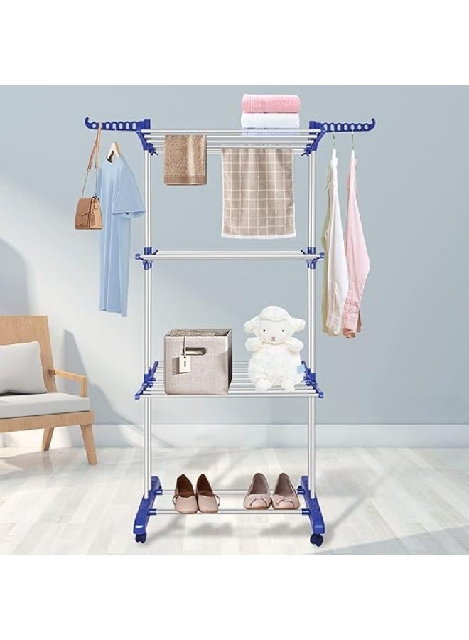 Foldable clothes drying rack, 3-tier clothes drying rack, stainless steel laundry drying rack with wheels at the bottom and 2 hangers at the top - Image 3