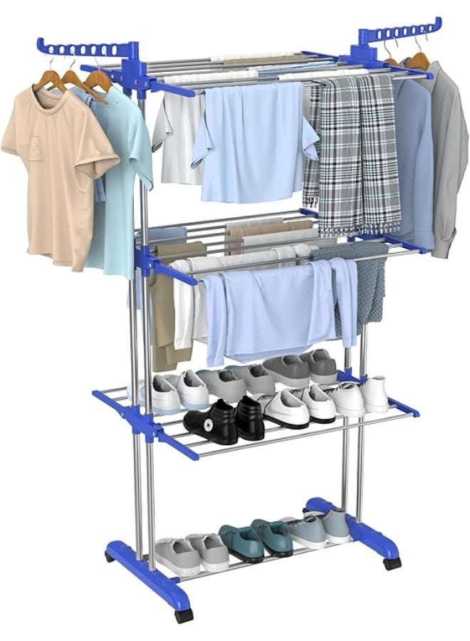 Foldable clothes drying rack, 3-tier clothes drying rack, stainless steel laundry drying rack with wheels at the bottom and 2 hangers at the top - Image 5
