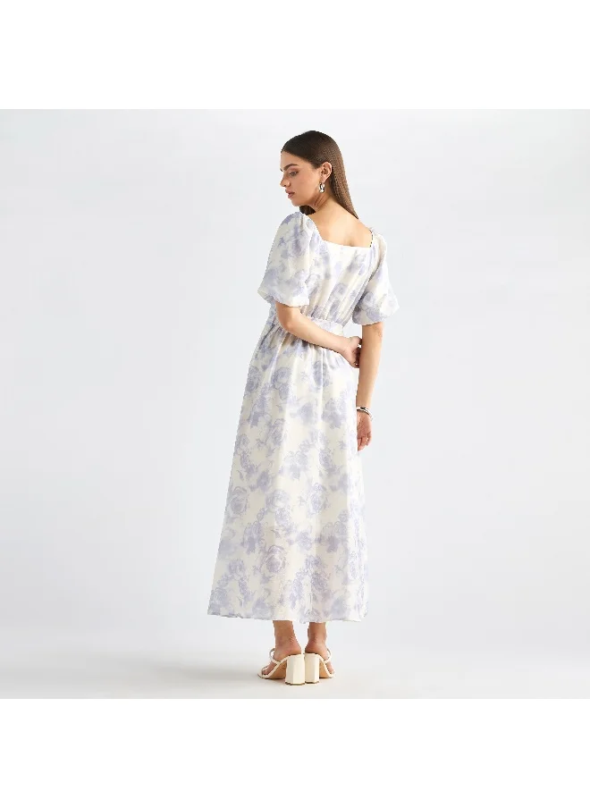 FAV Floral Print Square Neck Shirt Dress with Short Sleeves and Belt