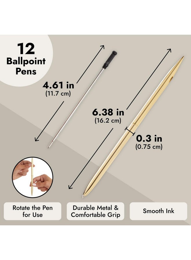 12 Pack Gold Ballpoint Pens For Wedding Guest Book, Bulk Office Supplies, Black Ink, 1Mm Medium Point (Metallic, 6.4 In)