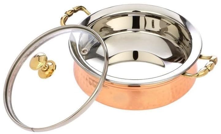 Heritage MART Copper Stainless Steel Hammered Finish Handi/Lagan/Pot with Toughened Glass Lid and Brass Knob with Handles, Ideal for Serving Food at Home/Restaurant/Hotels 800 ML(Pack of 1)  - Image 5