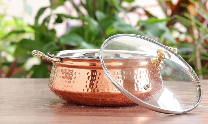 Heritage MART Copper Stainless Steel Hammered Finish Handi/Lagan/Pot with Toughened Glass Lid and Brass Knob with Handles, Ideal for Serving Food at Home/Restaurant/Hotels 800 ML(Pack of 1)  - Image 3