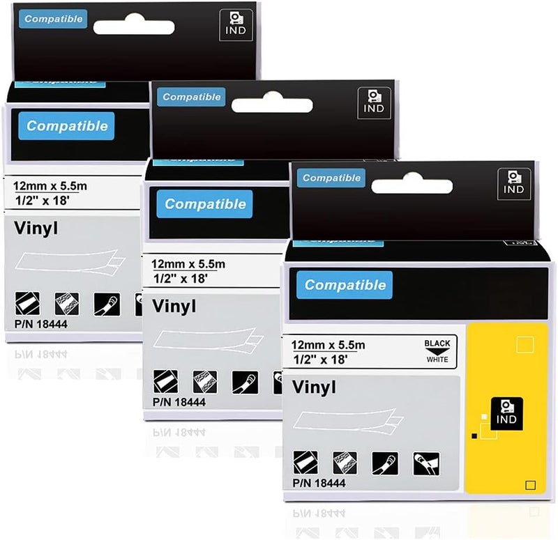AONOMI 3 Pack Rhino a18444 Labels Replace for DYMO Rhino 18444 1/2" 12mm Permanent Polyester Vinyl Industrial Tape Work with Rhino 5200 4200 6000 6000+ Industrial Label Maker, Black on White - Image 1