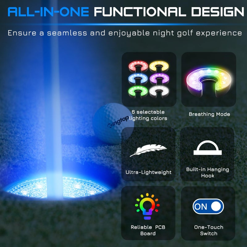 KINGTOP LED Golf Hole Lights (4-Pack) - Battery Operated, Anti-Glare Lens, Glow in The Dark Putting Cup Light, Easy C-Shaped Installation, Ideal for Night Golf, Putting Green Parties - Image 4