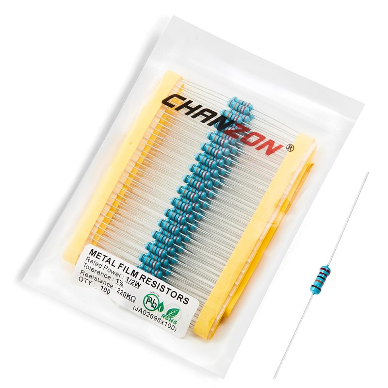 CHANZON 100pcs 1/2W (0.5W)220KΩ ohm Metal Film Fixed Resistor 0.01 ±1% Tolerance 220K R MF Through Hole Resistors Current Limiting Rohs Certificated - Image 1